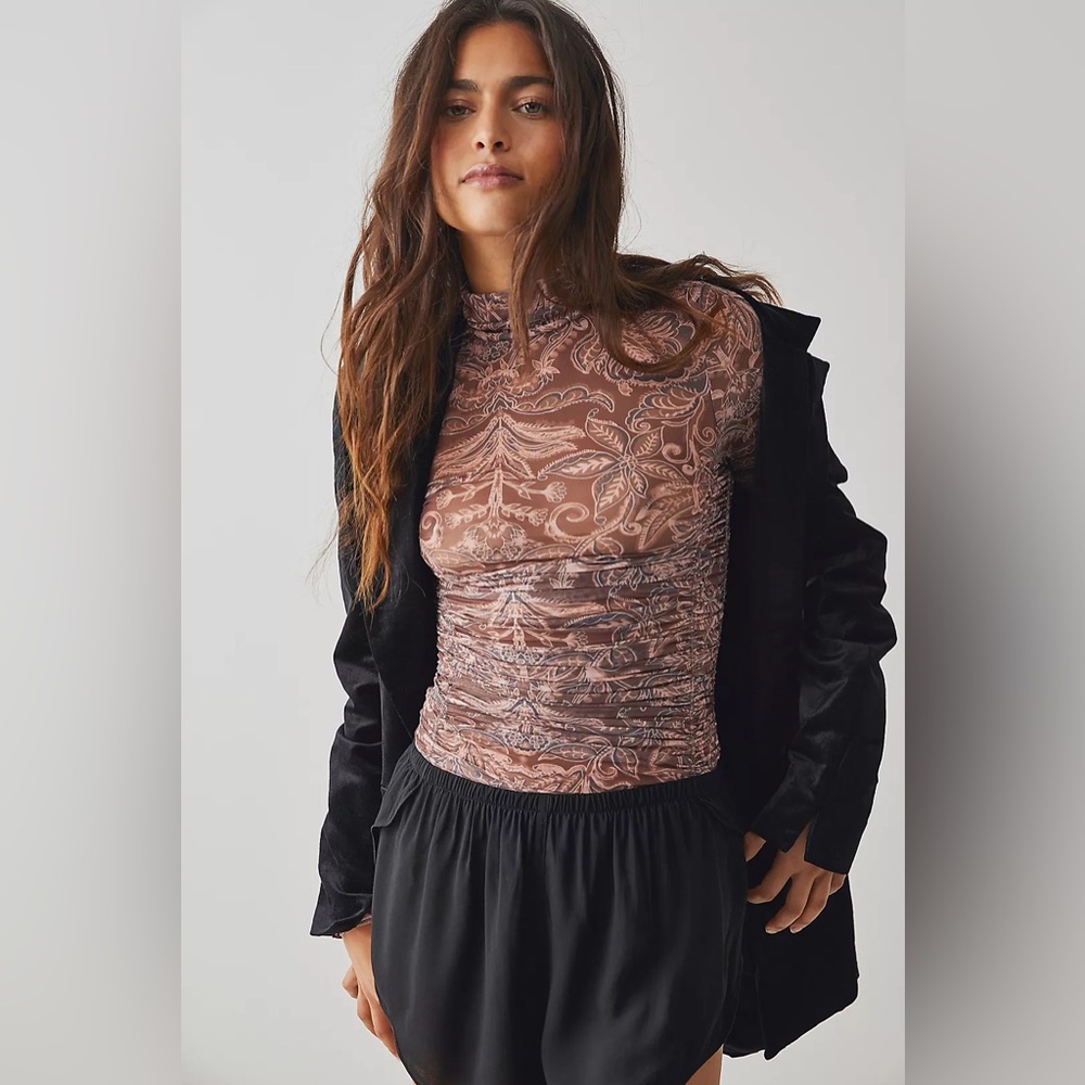 NWOT Free People Under It All Printed Mesh Bodysuit In Rust Combo